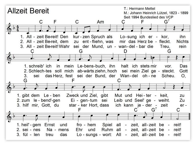 Noten und Text zum Regionslied "Allzeit Bereit"